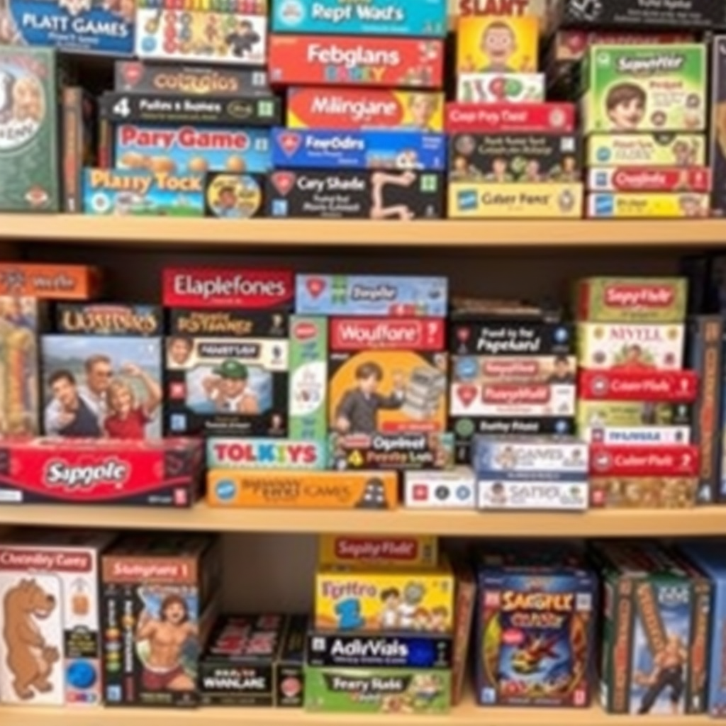 Színes társasjáték gyűjtemény polcokon elrendezve, különböző méretű dobozokkal és játékokkal