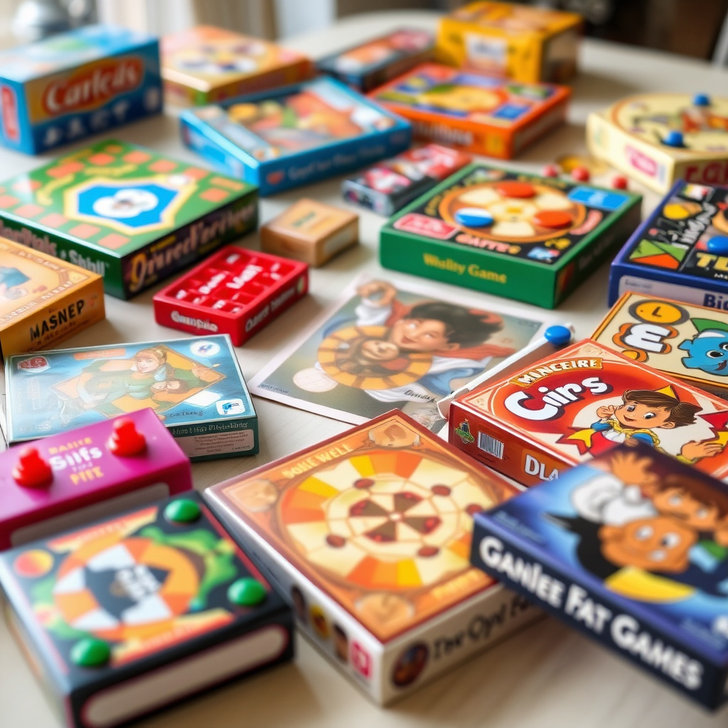 Színes társasjátékok gyűjteménye egy asztalon elrendezve, különböző stratégiai és családi játékokkal