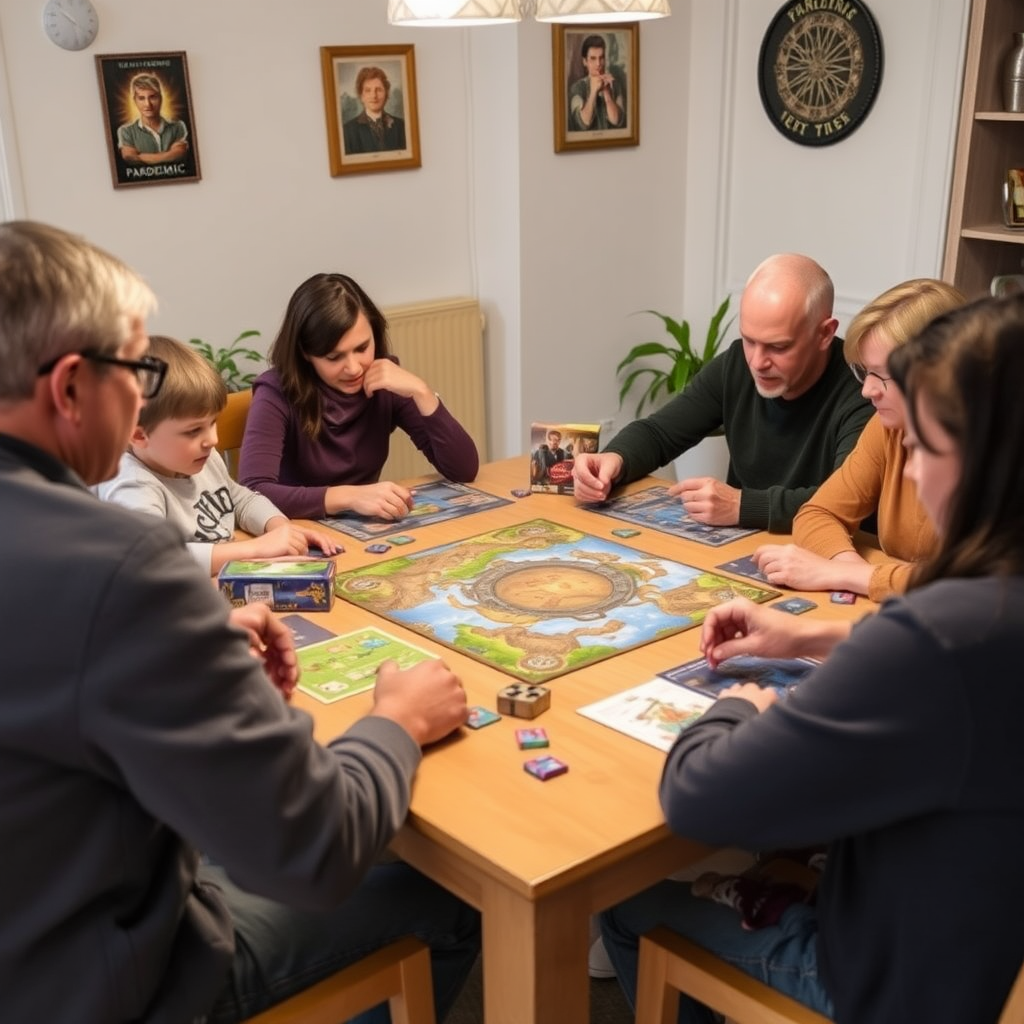 Magyar családok játszanak kooperatív társasjátékokkal, Pandemic és Forbidden Island dobozok láthatók az asztalon, barátságos otthoni környezetben