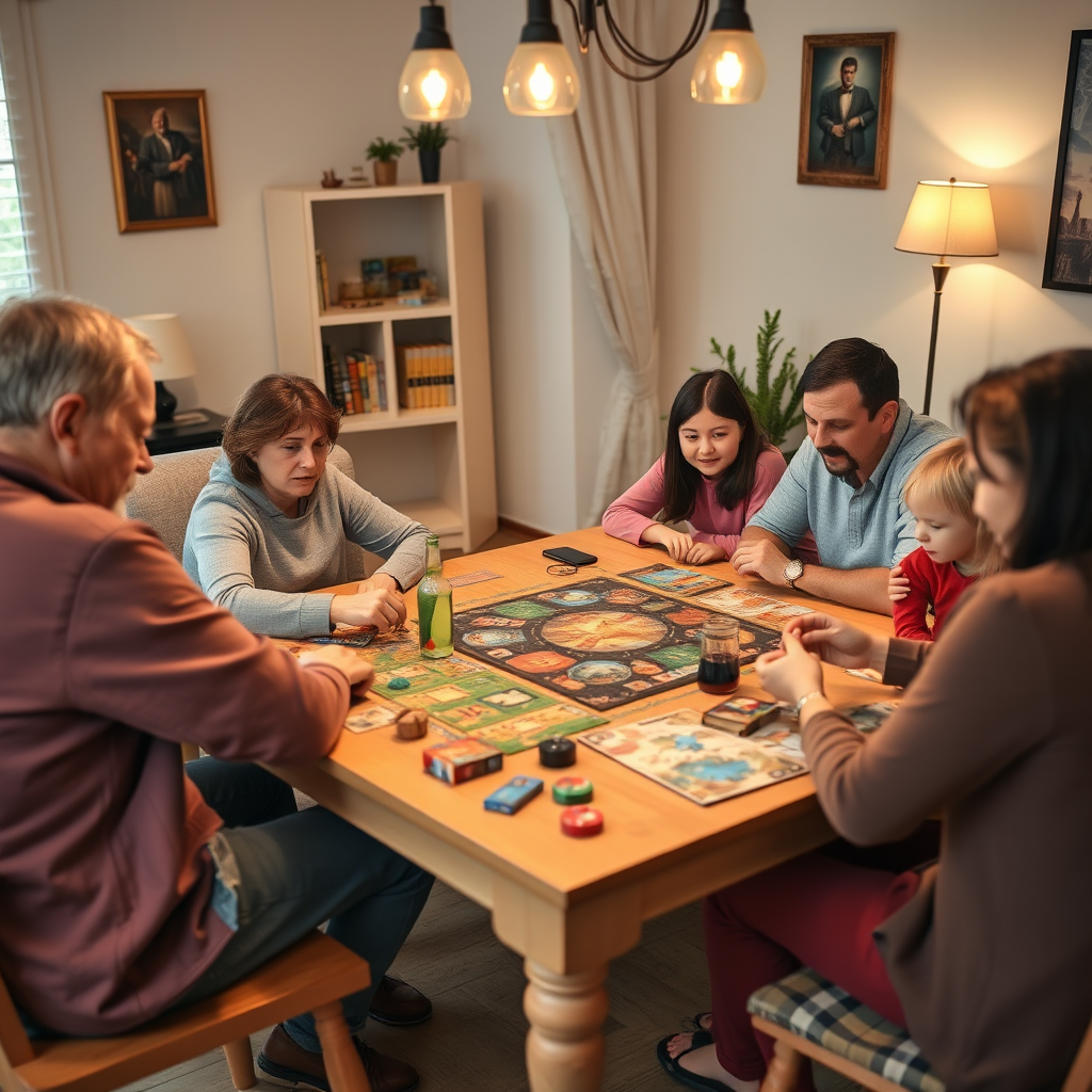 Magyar családok együtt játszanak kooperatív társasjátékokkal egy meleg, barátságos nappaliban, az asztalon Pandemic és Forbidden Island játékokkal