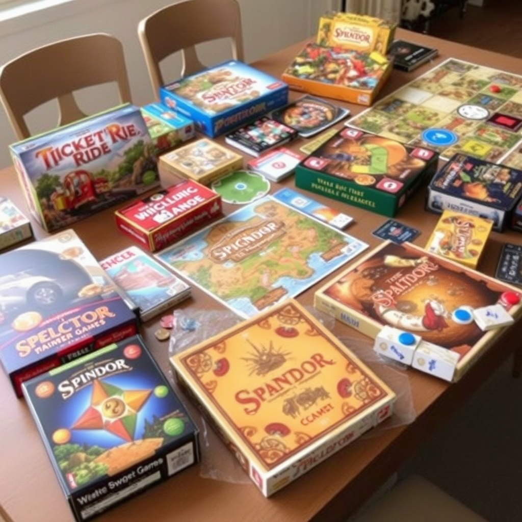 Különböző stratégiai társasjátékok egy asztalon elrendezve, beleértve a Ticket to Ride-ot, Splendort és más kezdőbarát játékokat