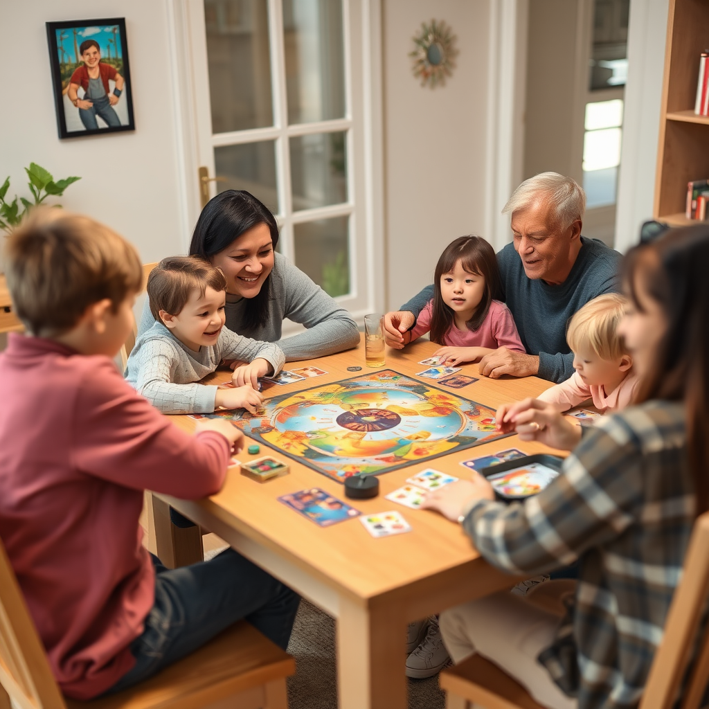 Boldog család ül az asztal körül különféle társasjátékokkal, gyerekek és szülők együtt játszanak, színes játéktábla és kártyák láthatók az asztalon, meleg otthoni környezetben