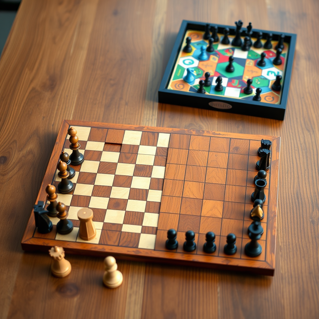 Comparison between modern colorful board games with innovative mechanics and classic traditional games like chess and checkers on a wooden table