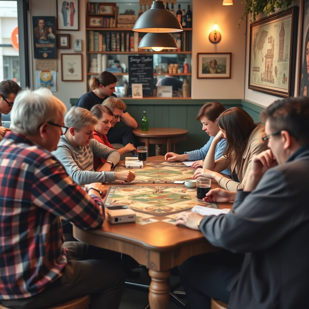 Budapesti társasjáték közösség egy helyi kávézóban, különböző korú emberek játszanak együtt asztalnál