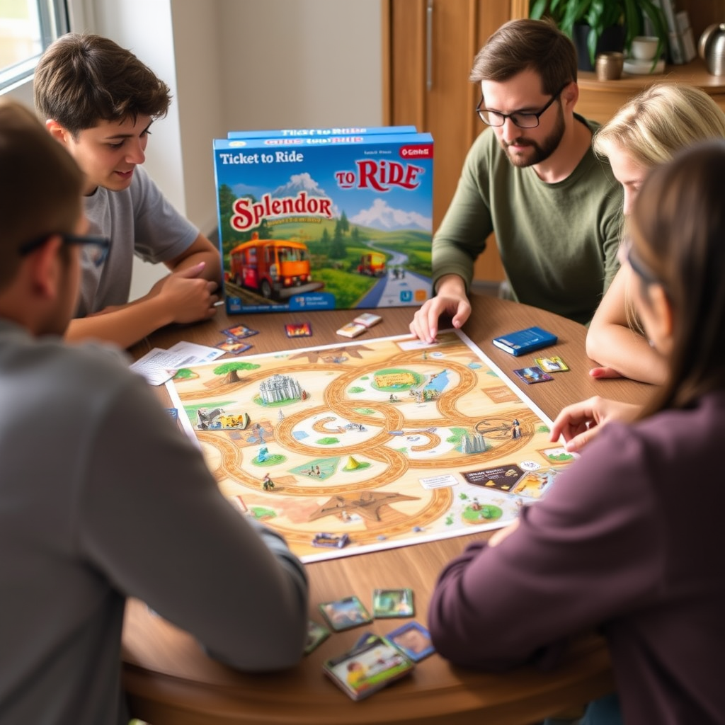 Kezdő játékosok tanulják a Ticket to Ride és Splendor társasjátékokat, színes játéktáblák és kártyák láthatók az asztalon