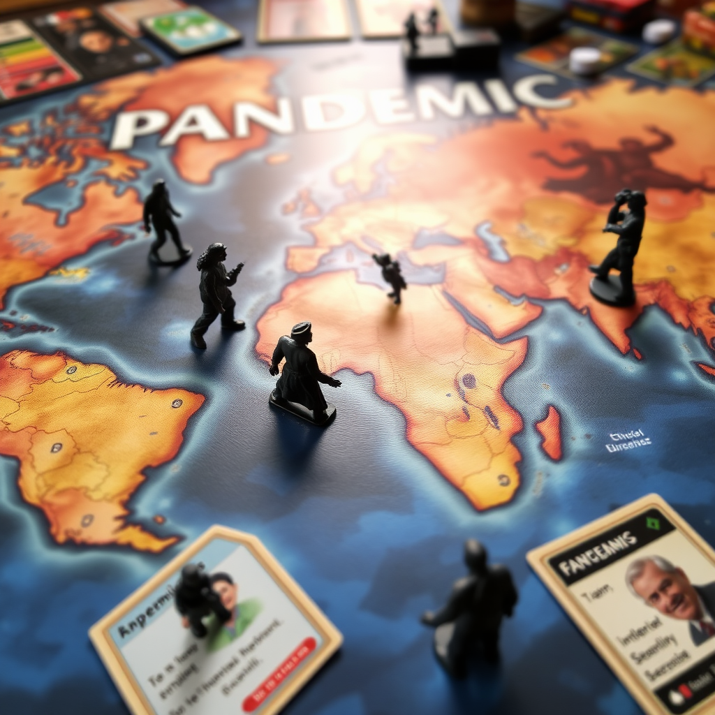 A Pandemic társasjáték részletes képe a játéktáblával, kártyákkal és figurákkal, amely a világjárvány elleni küzdelmet ábrázolja