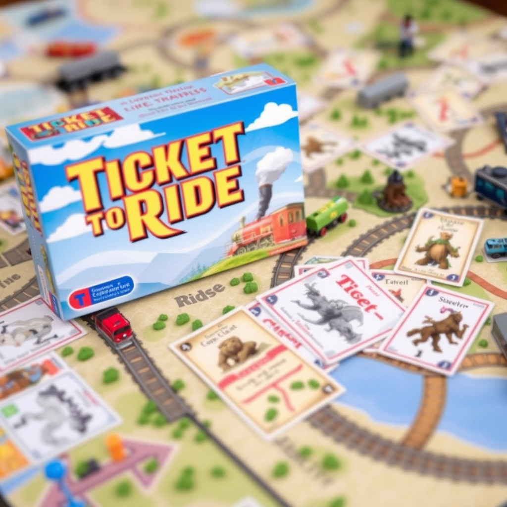 Ticket to Ride társasjáték doboza és játéktáblája vonatok és útvonalkártyákkal