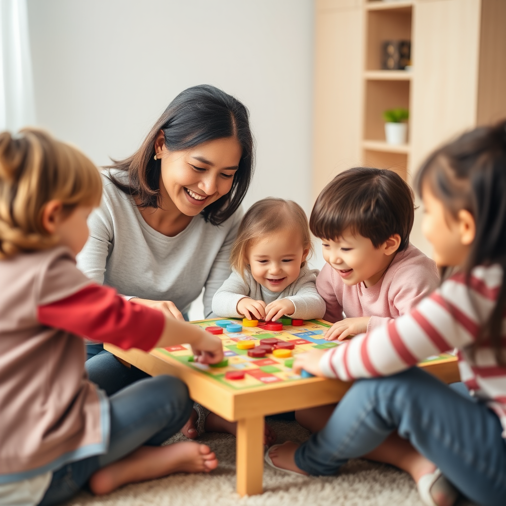 Különböző korú családtagok játszanak együtt egy színes társasjátékkal, a nagyobb gyerekek segítenek a kisebbeknek, mindenki mosolyog és élvezi a játékot