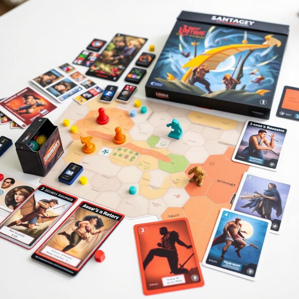 Modern strategy board games with colorful components, cards, and innovative game boards featuring contemporary artwork and design