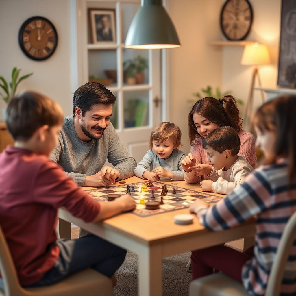 Családi játék este otthon, szülők és gyerekek együtt játszanak stratégiai társasjátékkal
