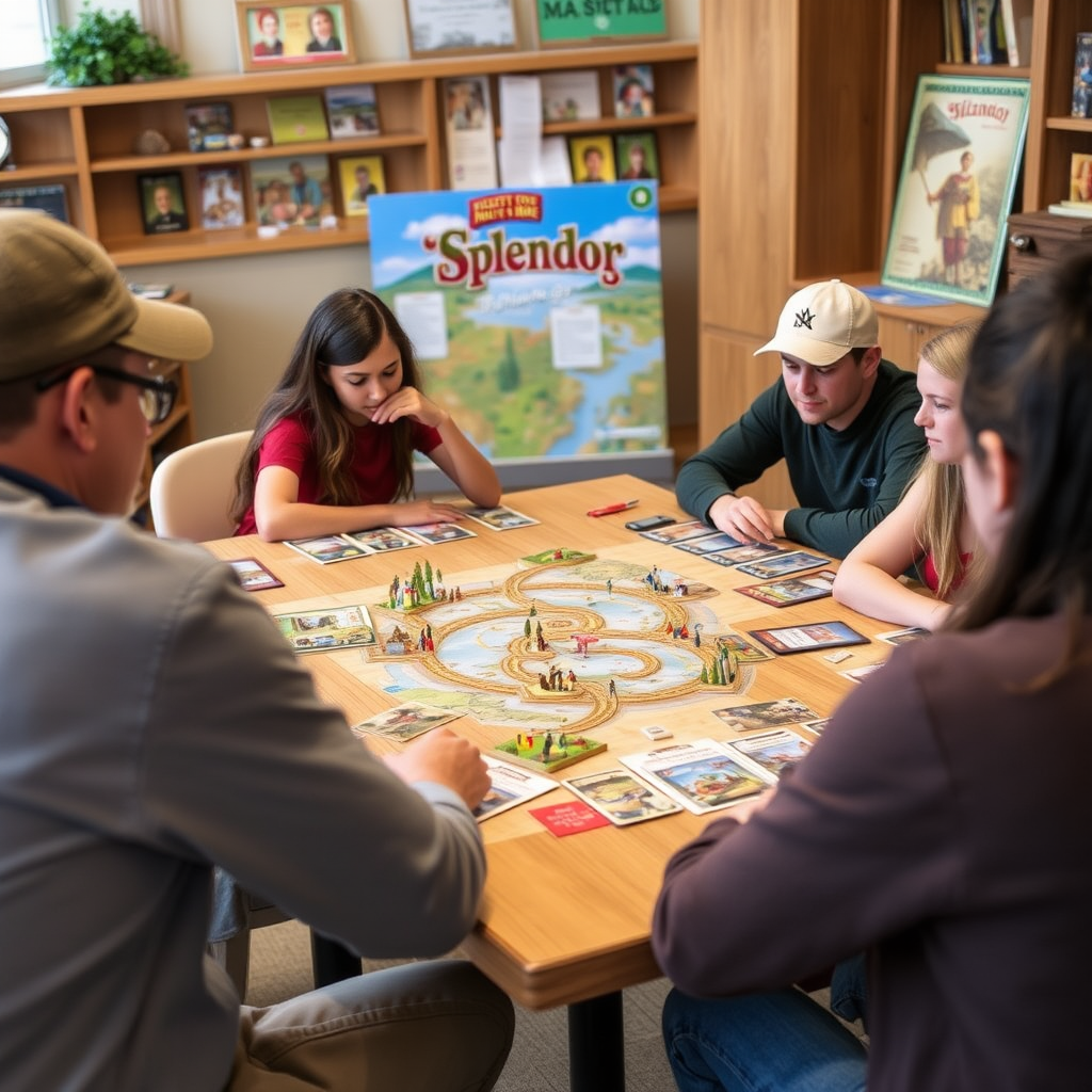 Kezdő játékosok tanulják a Ticket to Ride és Splendor társasjátékokat, játéktáblák és kártyák láthatók, oktató környezetben