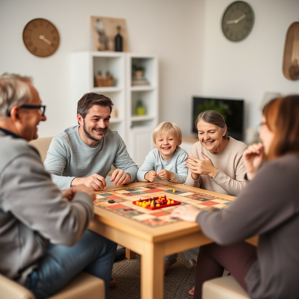 Boldog magyar család játszik társasjátékokkal a nappaliban, különböző korosztályú családtagok nevetnek és szórakoznak együtt