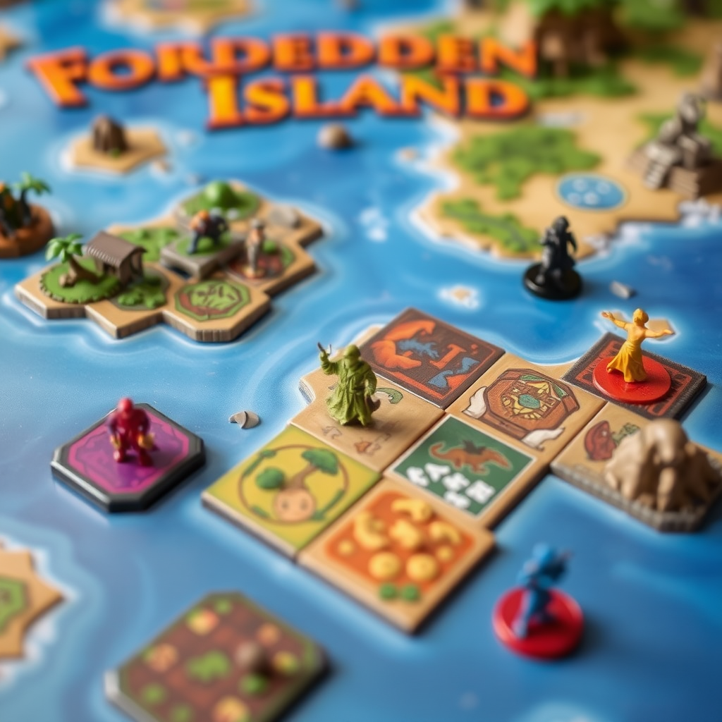 Forbidden Island társasjáték játékmenete közben, látható a színes szigetlapkák és a játékos figurák