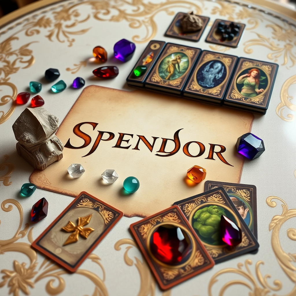 Splendor társasjáték komponensei drágakövekkel és kártyákkal egy elegáns játékasztalon