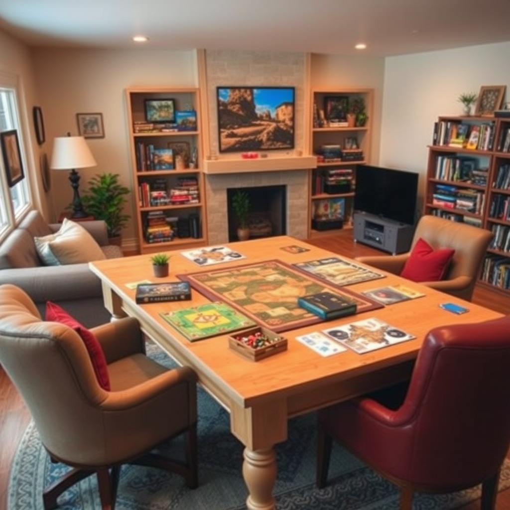 Otthonos nappali berendezve játékesthez, nagy asztal társasjátékokkal, kényelmes székek, meleg világítás, háttérben polcokon rendezett játékgyűjtemény
