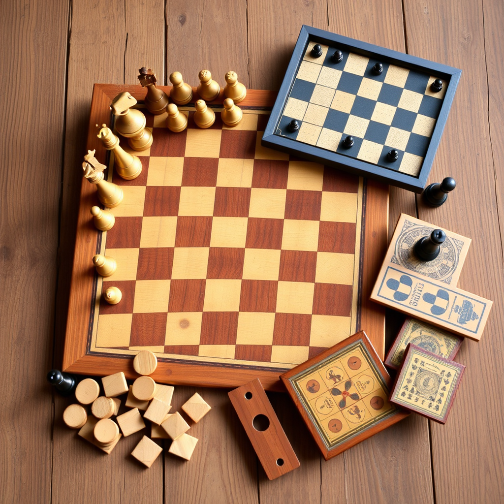 Classic traditional board games including chess set, checkers, and vintage family games arranged on wooden surface