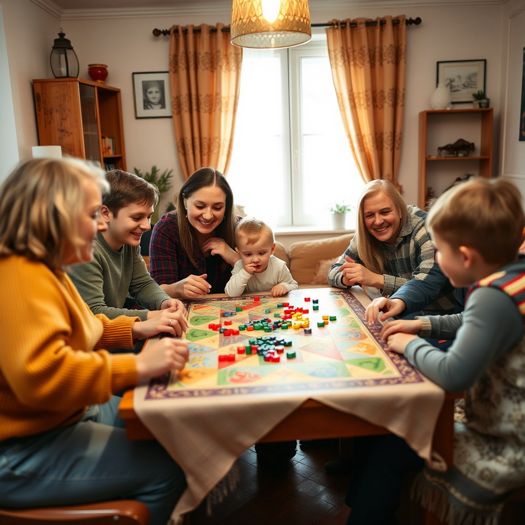 Boldog magyar család játszik társasjátékokkal a nappaliban, különböző korosztályú családtagok, színes játékok az asztalon, meleg otthoni hangulat