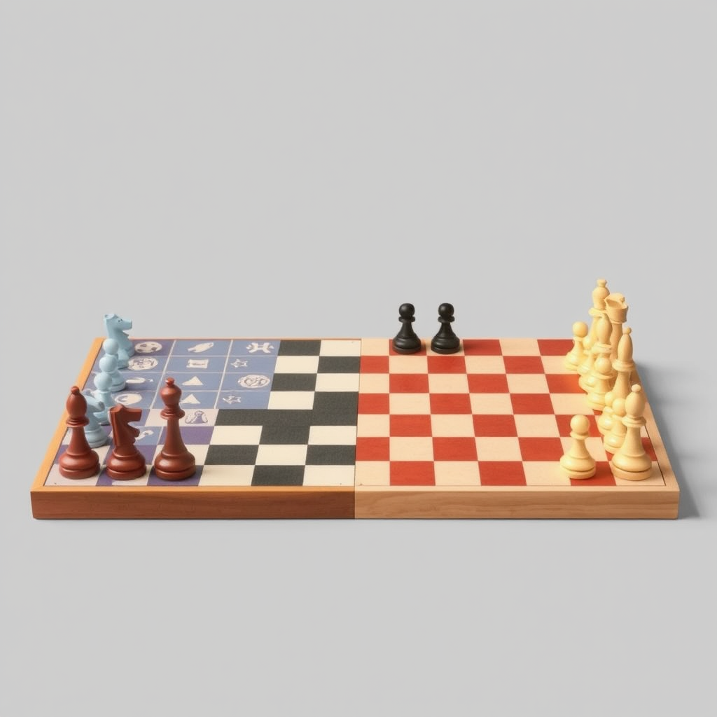 Összehasonlítás modern és klasszikus társasjátékok között, egyik oldalon új dizájnú játékok, másik oldalon hagyományos sakk és dáma