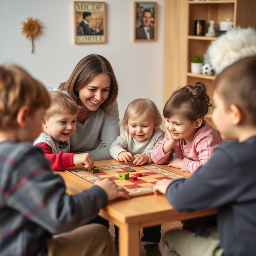 Magyar gyerekek és szüleik együtt játszanak kooperatív társasjátékkal, mosolyogva és együttműködve
