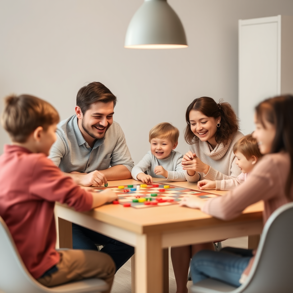 Boldog család játszik társasjátékot az asztalnál, gyerekek és szülők együtt nevetve