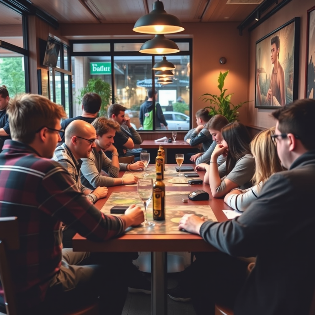 Budapesti játékos közösség találkozója egy kávézóban, különböző emberek játszanak társasjátékokkal, barátságos légkör