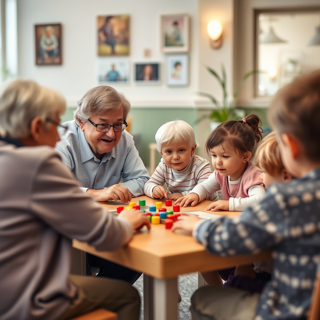 Intergenerációs játék alkalom közösségi térben, nagyszülők unokákkal játszanak