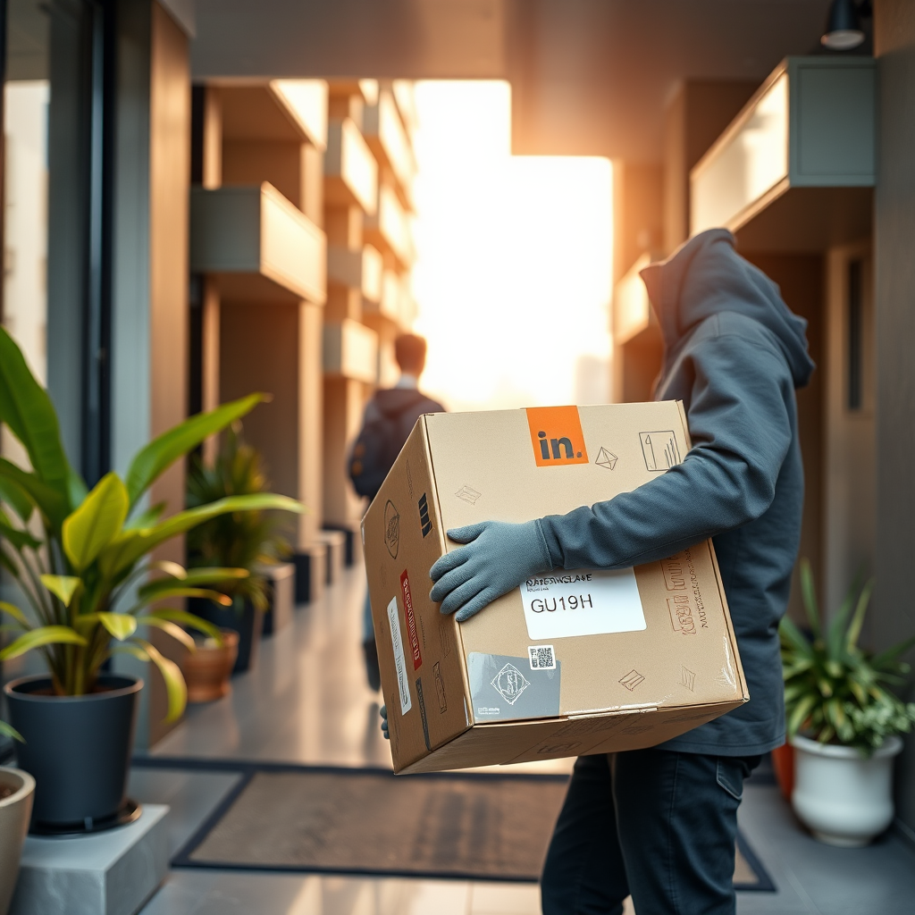 Futár szállítja a társasjáték csomagot egy modern lakás bejáratához, professzionális kiszállítási szolgáltatás