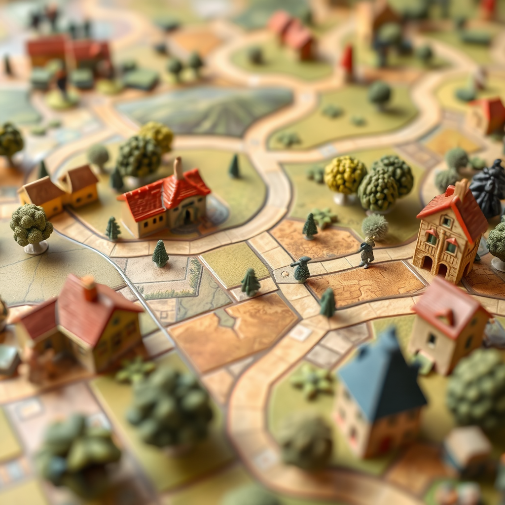 Carcassonne társasjáték francia tájképi csempéi és meeple figurái