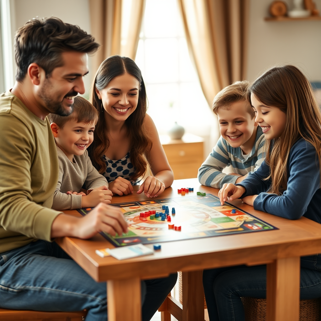Család ül egy asztal körül társasjátékot tanulva, mosolygós arcokkal és játékkomponensekkel