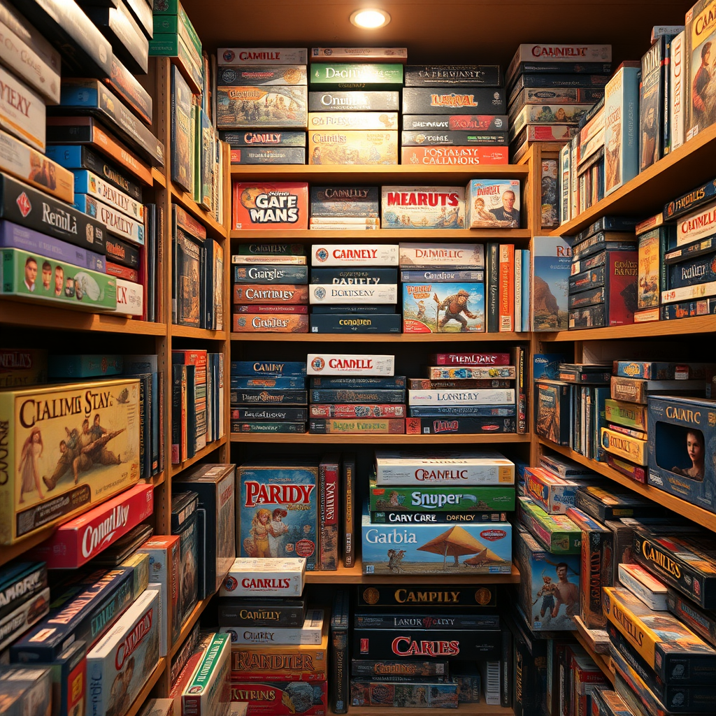 Nagy társasjáték gyűjtemény polcokon rendezve különböző stratégiai és family games dobozokkal
